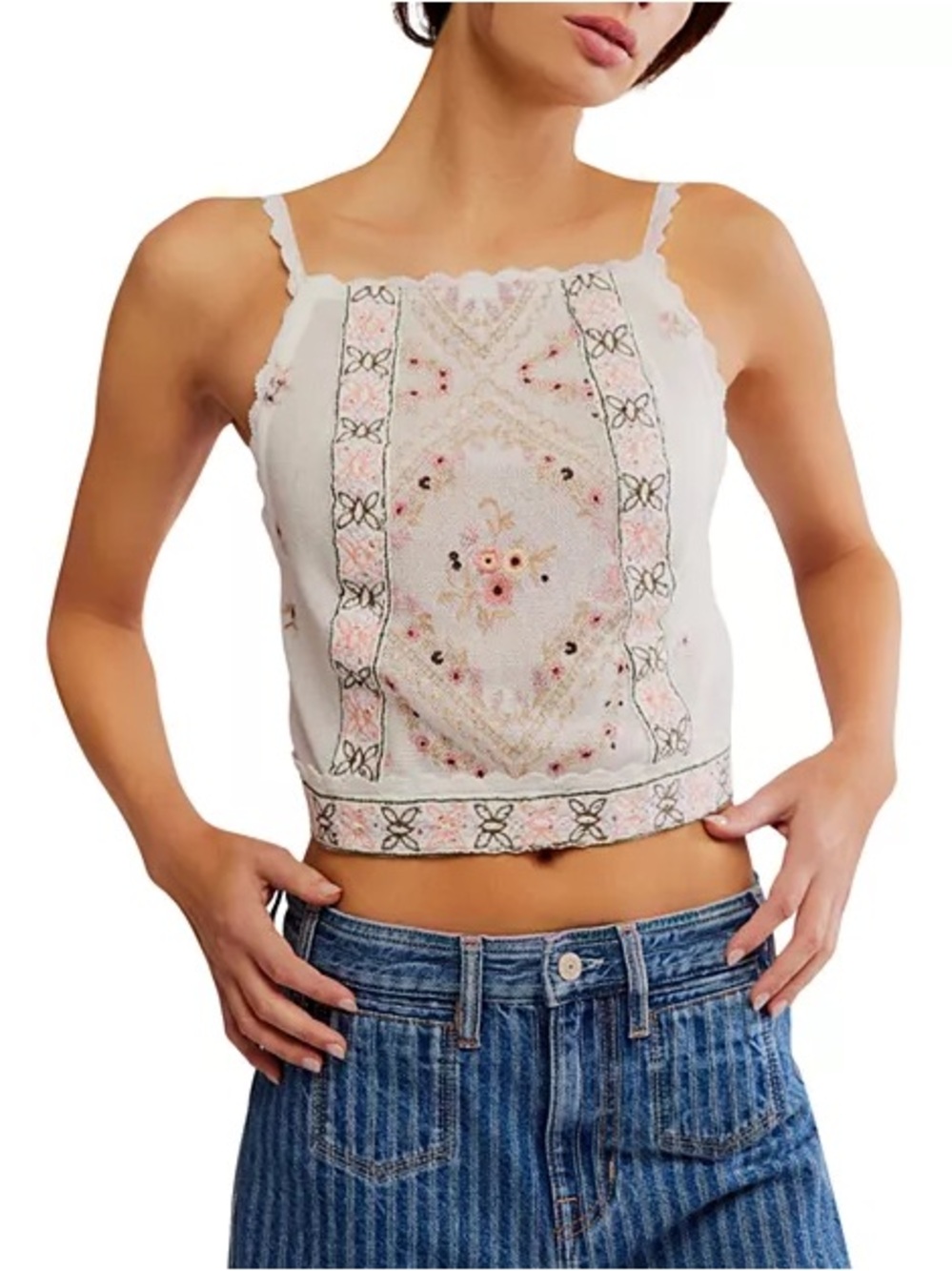 Embroidered Floral White Cropped Cami Top